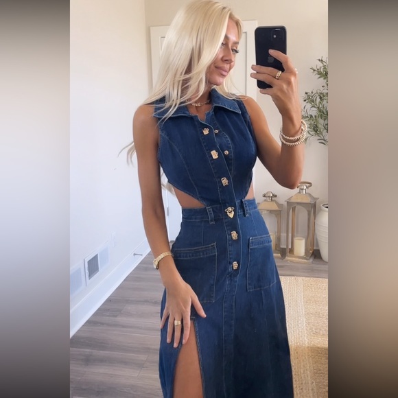 Fashion Nova Dresses & Skirts - Stylish Blue Denim Maxi Dress with Front Slit & Gold Buttons